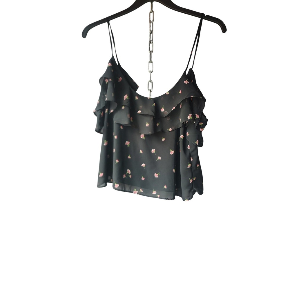 Sweet Rain Black Floral Ruffle Camisole Top Pink Flower Chiffon Tank Large